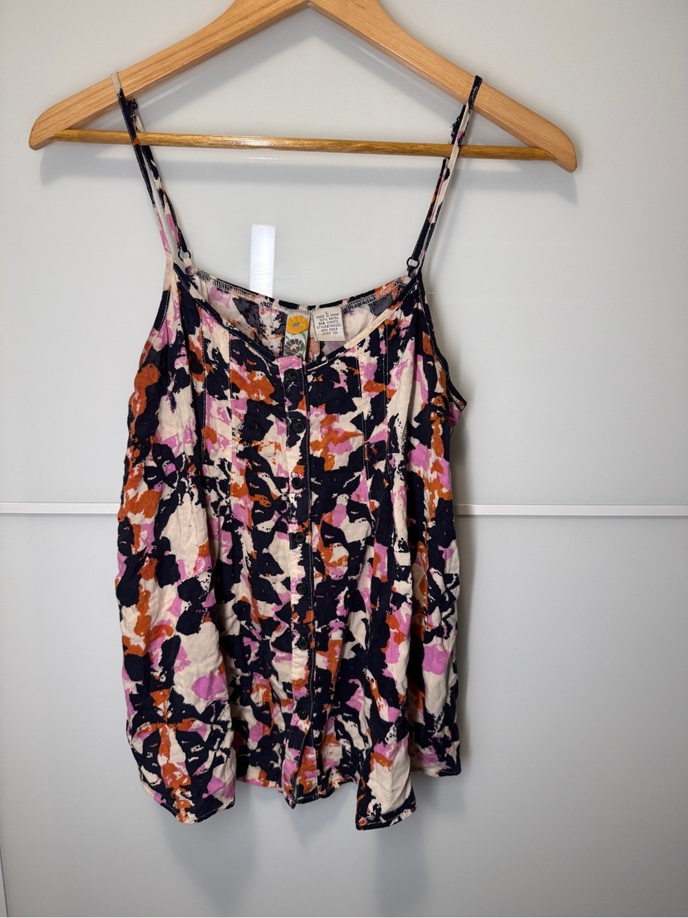 Mimi Chica Abstract Floral Spaghetti Strap Tank in Black, Pink & Orange